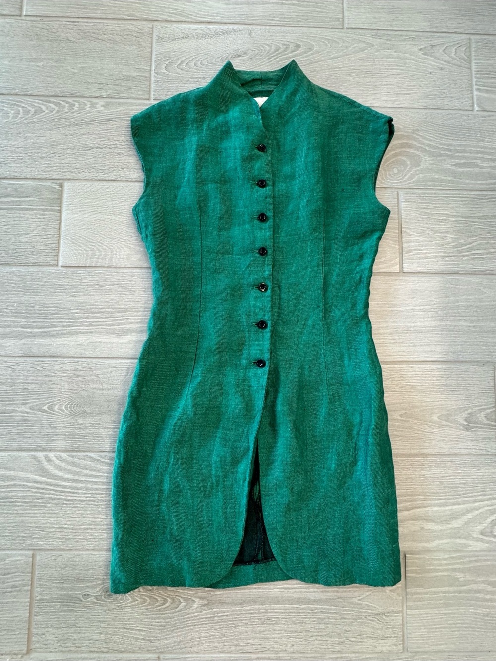 NIGEL PRESTON 100% Linen Slubbed Green Button Down Dress Size Small VGUC